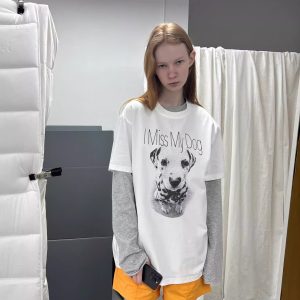 Casual Korean Style Cartoon Cat & Dog Print Short Sleeve T-Shirt for Women - Versatile Minimalist Pure Cotton Top