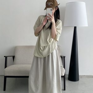 Casual Loose Drop-Shoulder Minimalist Textured Short-Sleeve T-Shirt in Sun Grapefruit for Summer - Versatile Linen-Like Style