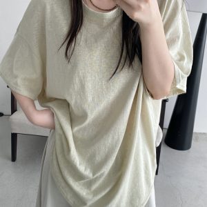 Casual Loose Drop-Shoulder Minimalist Textured Short-Sleeve T-Shirt in Sun Grapefruit for Summer - Versatile Linen-Like Style