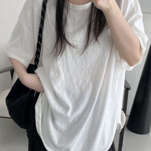 Casual Loose Drop-Shoulder Minimalist Textured Short-Sleeve T-Shirt in Sun Grapefruit for Summer - Versatile Linen-Like Style