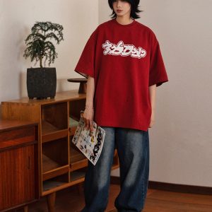 Casual Loose Fit Fun Letter Print Round Neck Short Sleeve T-Shirt for Men and Teens - Y2K Couple Style Top