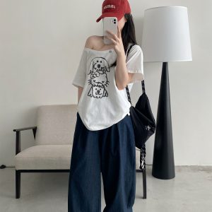 Casual Off-Shoulder T-Shirt for Women with Sun Grapefruit Puppy Kitten Print - 2025 Summer Loose Fit Age-Reducing Style