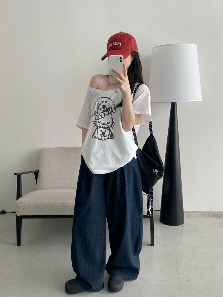 Casual Off-Shoulder T-Shirt for Women with Sun Grapefruit Puppy Kitten Print - 2025 Summer Loose Fit Age-Reducing Style Casual Off-Shoulder T-Shirt for Women with Sun Grapefruit Puppy Kitten Print - 2025 Summer Loose Fit Age-Reducing Style