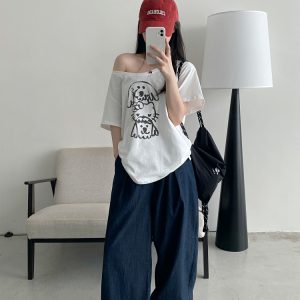 Casual Off-Shoulder T-Shirt for Women with Sun Grapefruit Puppy Kitten Print - 2025 Summer Loose Fit Age-Reducing Style