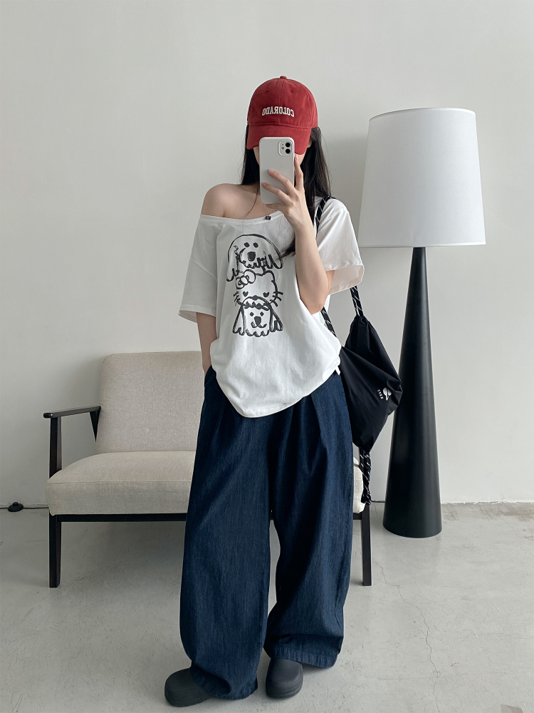 Casual Off-Shoulder T-Shirt for Women with Sun Grapefruit Puppy Kitten Print - 2025 Summer Loose Fit Age-Reducing Style Casual Off-Shoulder T-Shirt for Women with Sun Grapefruit Puppy Kitten Print - 2025 Summer Loose Fit Age-Reducing Style