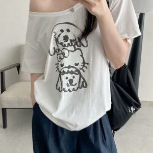 Casual Off-Shoulder T-Shirt for Women with Sun Grapefruit Puppy Kitten Print - 2025 Summer Loose Fit Age-Reducing Style