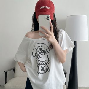 Casual Off-Shoulder T-Shirt for Women with Sun Grapefruit Puppy Kitten Print - 2025 Summer Loose Fit Age-Reducing Style