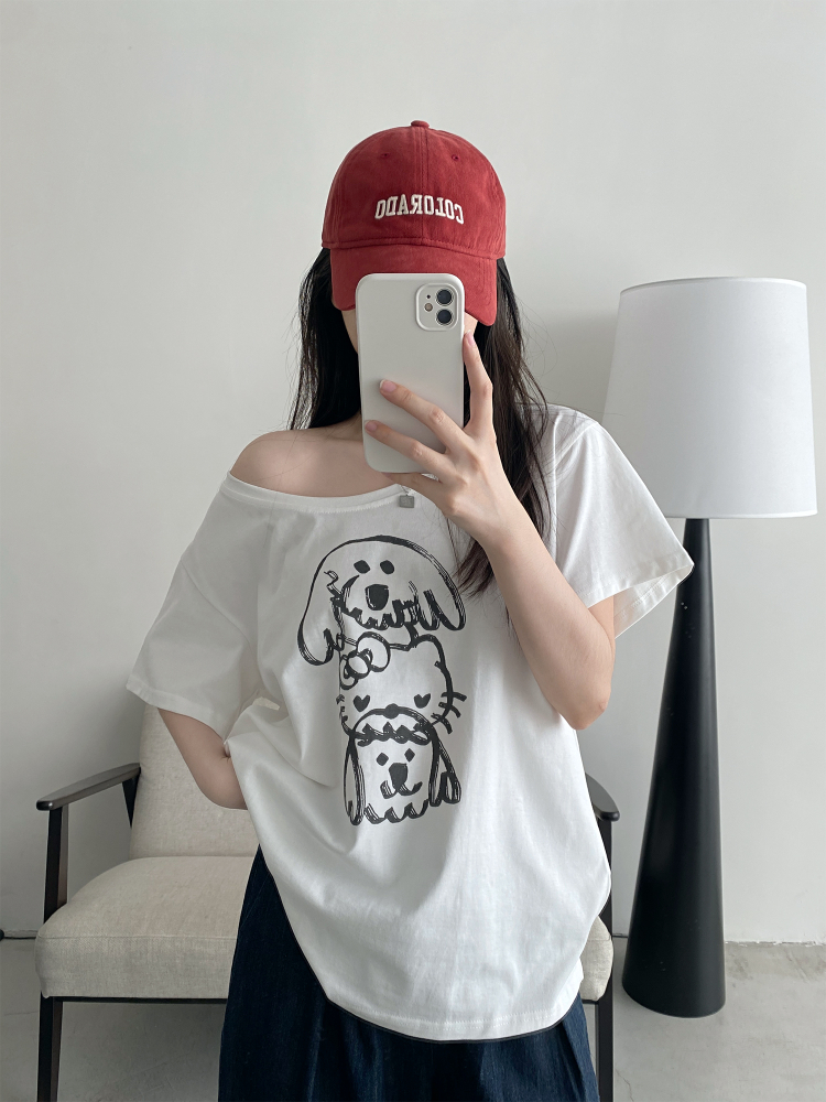 Casual Off-Shoulder T-Shirt for Women with Sun Grapefruit Puppy Kitten Print - 2025 Summer Loose Fit Age-Reducing Style Casual Off-Shoulder T-Shirt for Women with Sun Grapefruit Puppy Kitten Print - 2025 Summer Loose Fit Age-Reducing Style