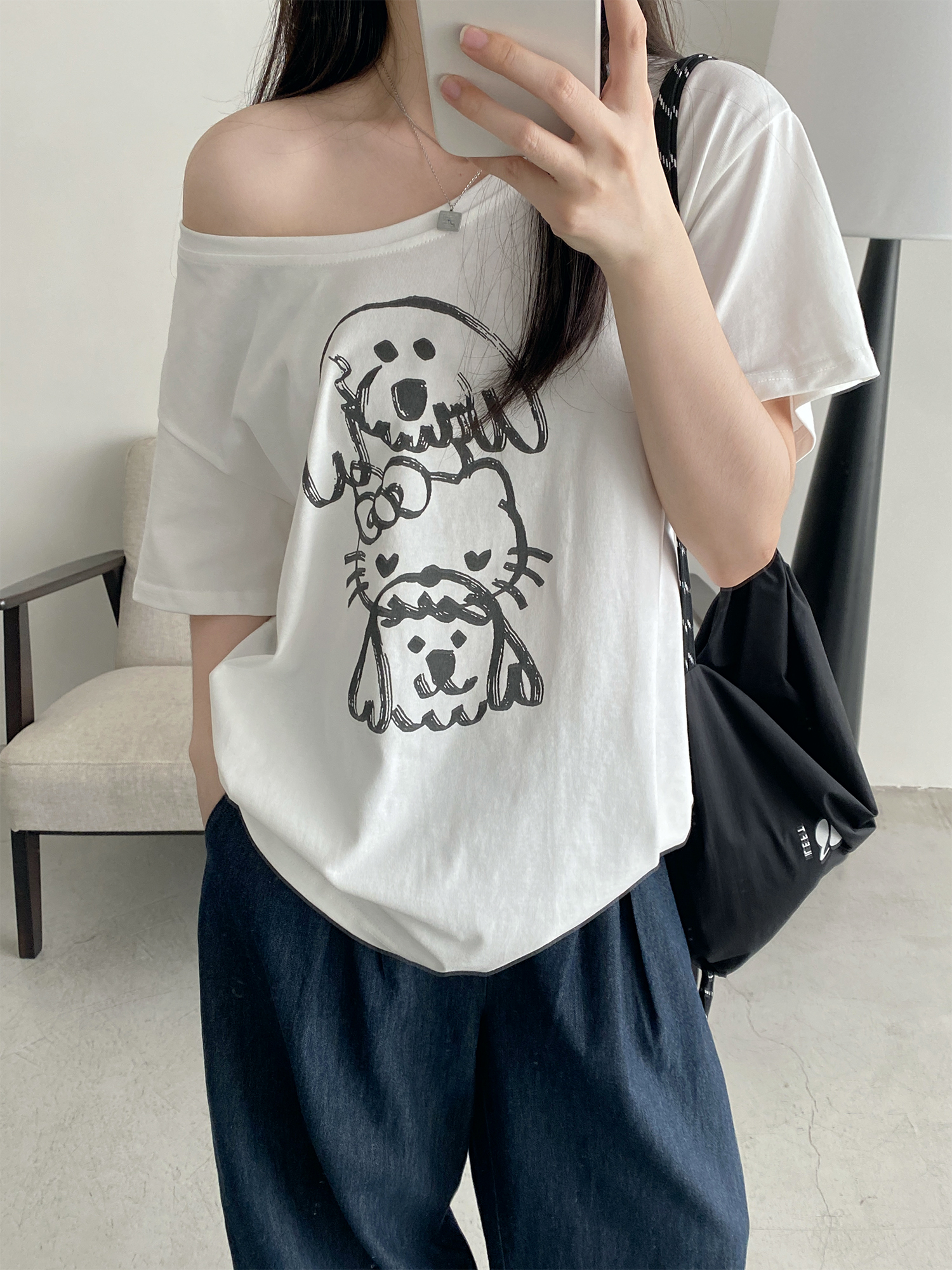 Casual Off-Shoulder T-Shirt for Women with Sun Grapefruit Puppy Kitten Print - 2025 Summer Loose Fit Age-Reducing Style Casual Off-Shoulder T-Shirt for Women with Sun Grapefruit Puppy Kitten Print - 2025 Summer Loose Fit Age-Reducing Style