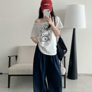 Casual Off-Shoulder T-Shirt for Women with Sun Grapefruit Puppy Kitten Print - 2025 Summer Loose Fit Age-Reducing Style