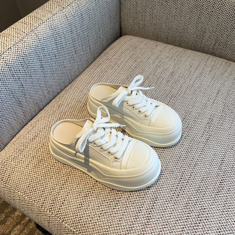 Casual Slip-On Thick-Soled White Slippers for Women - Sweet & Versatile 2025 Style Half-Drag Shoes