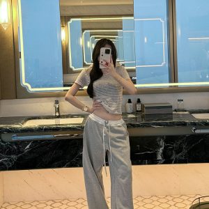 Casual Summer Loose Elastic Drawstring Sweatpants for Women - Gray Sports Pants with Freedom and Laziness Level Design