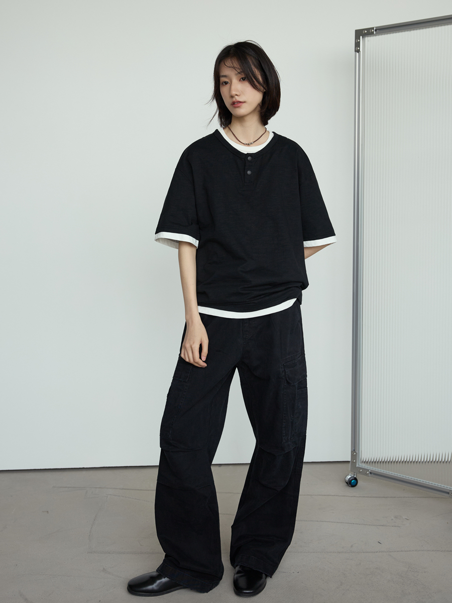 Casual Two-Piece Henley Short Sleeve T-Shirt for Men and Women - Simple Loose Fit, Unisex, Stylish Everyday Wear Casual Two-Piece Henley Short Sleeve T-Shirt for Men and Women - Simple Loose Fit, Unisex, Stylish Everyday Wear