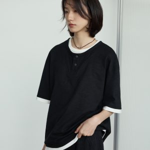 Casual Two-Piece Henley Short Sleeve T-Shirt for Men and Women - Simple Loose Fit, Unisex, Stylish Everyday Wear