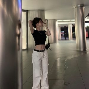 Casual Women's Vintage Work Pants - Loose Slimming White Straight Pants in Girl Group Style, Y2K Inspired Fashion