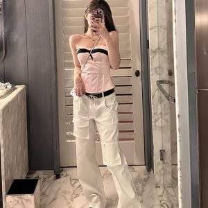 Casual Women's Vintage Work Pants - Loose Slimming White Straight Pants in Girl Group Style, Y2K Inspired Fashion