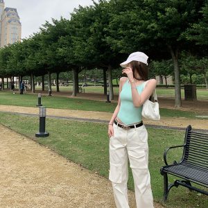 Casual Women's Vintage Work Pants - Loose Slimming White Straight Pants in Girl Group Style, Y2K Inspired Fashion