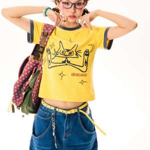 Cat Fun Print Color Block Short Sleeve T-Shirt for Women - Summer Versatile Top in Playful Dopamine Colors