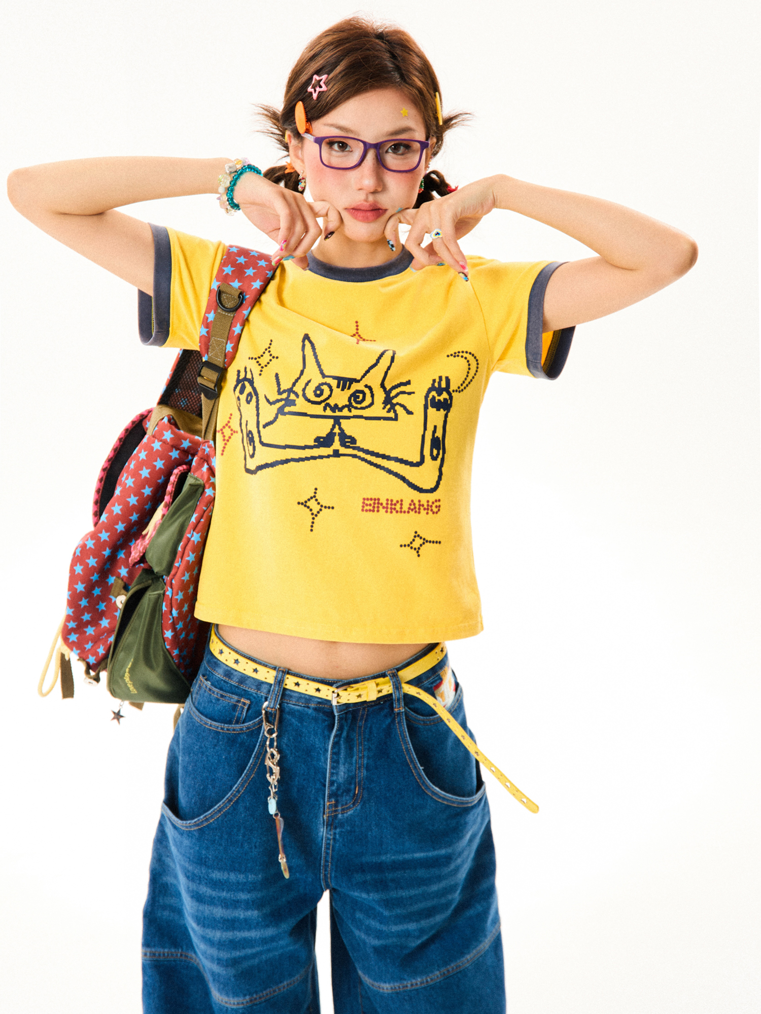 Cat Fun Print Color Block Short Sleeve T-Shirt for Women - Summer Versatile Top in Playful Dopamine Colors Cat Fun Print Color Block Short Sleeve T-Shirt for Women - Summer Versatile Top in Playful Dopamine Colors