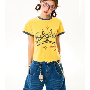 Cat Fun Print Color Block Short Sleeve T-Shirt for Women - Summer Versatile Top in Playful Dopamine Colors