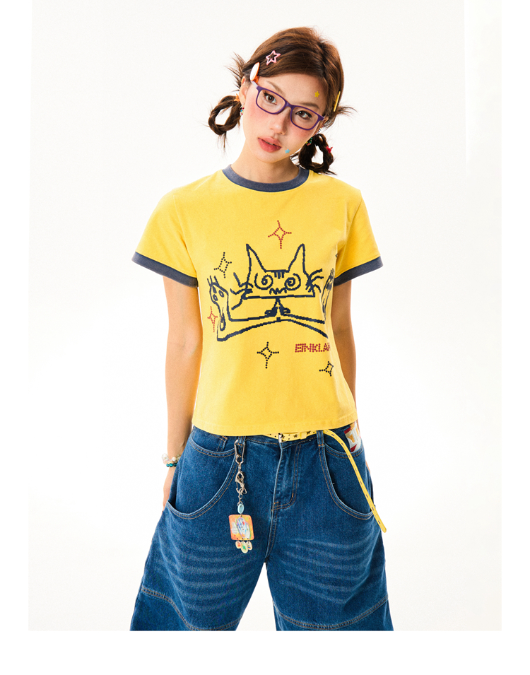 Cat Fun Print Color Block Short Sleeve T-Shirt for Women - Summer Versatile Top in Playful Dopamine Colors Cat Fun Print Color Block Short Sleeve T-Shirt for Women - Summer Versatile Top in Playful Dopamine Colors