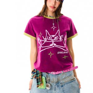 Cat Fun Print Color Block Short Sleeve T-Shirt for Women - Summer Versatile Top in Playful Dopamine Colors