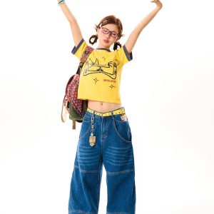 Cat Fun Print Color Block Short Sleeve T-Shirt for Women - Summer Versatile Top in Playful Dopamine Colors