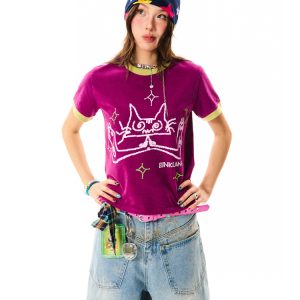 Cat Fun Print Color Block Short Sleeve T-Shirt for Women - Summer Versatile Top in Playful Dopamine Colors