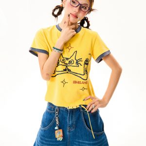 Cat Fun Print Color Block Short Sleeve T-Shirt for Women - Summer Versatile Top in Playful Dopamine Colors