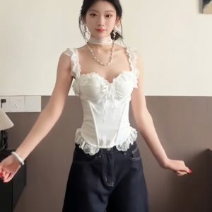 Ceiling White Spaghetti Strap Women's Summer Lace Splicing Slim-Fit Tank Top - Sexy Fishbone Design for a Chic Look