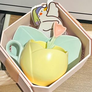 Ceramic Tulip-Shaped Coffee Cup with Saucer - Aesthetic Relief Design for Office and Home, Perfect Gift for Stylish Girls