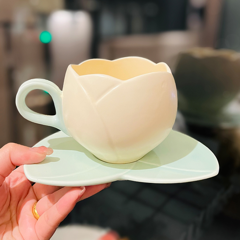 Ceramic Tulip-Shaped Coffee Cup with Saucer - Aesthetic Relief Design for Office and Home, Perfect Gift for Stylish Girls