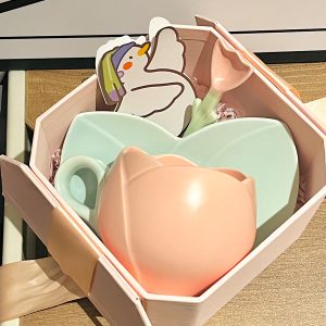 Ceramic Tulip-Shaped Coffee Cup with Saucer - Aesthetic Relief Design for Office and Home, Perfect Gift for Stylish Girls