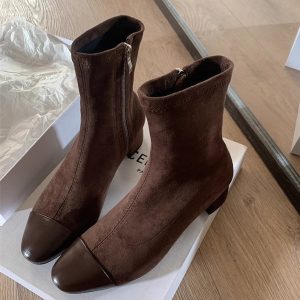 Chanel-Style Patchwork Chunky Heeled Long Boots for Women, Height-Increasing Slim-Fit Design, Fashionable Footwear for Petite Individuals