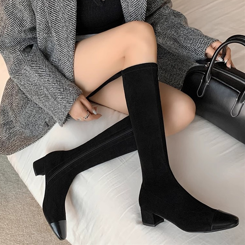 Chanel-Style Patchwork Chunky Heeled Long Boots for Women, Height-Increasing Slim-Fit Design, Fashionable Footwear for Petite Individuals