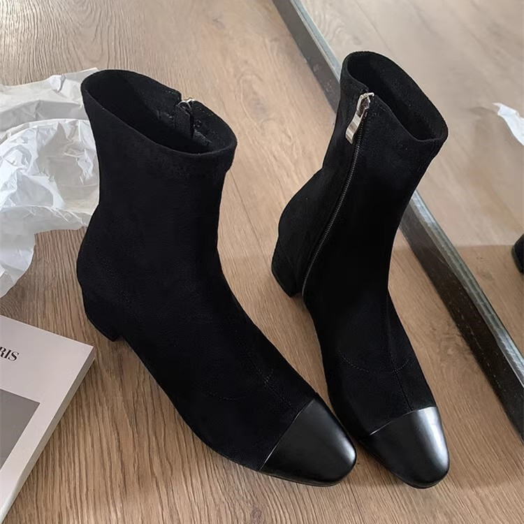 Chanel-Style Patchwork Chunky Heeled Long Boots for Women, Height-Increasing Slim-Fit Design, Fashionable Footwear for Petite Individuals