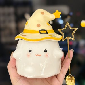 Charming Ceramic Graduation Mug for Girls, Stylish Ghost Design with Lid, Perfect Birthday Party Favor