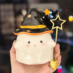 Charming Ceramic Graduation Mug for Girls, Stylish Ghost Design with Lid, Perfect Birthday Party Favor