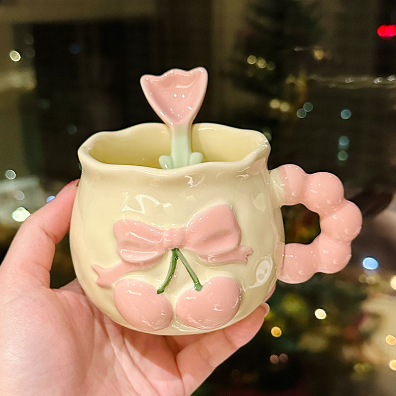Charming Cherry Ceramic Mug with Underglaze Color, Embossed 3D Design - Unique Water Cup for Birthdays and Special Occasions Charming Cherry Ceramic Mug with Underglaze Color, Embossed 3D Design - Unique Water Cup for Birthdays and Special Occasions