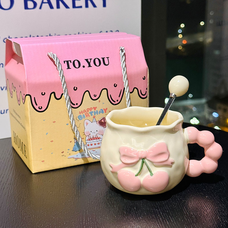 Charming Cherry Ceramic Mug with Underglaze Color, Embossed 3D Design - Unique Water Cup for Birthdays and Special Occasions Charming Cherry Ceramic Mug with Underglaze Color, Embossed 3D Design - Unique Water Cup for Birthdays and Special Occasions