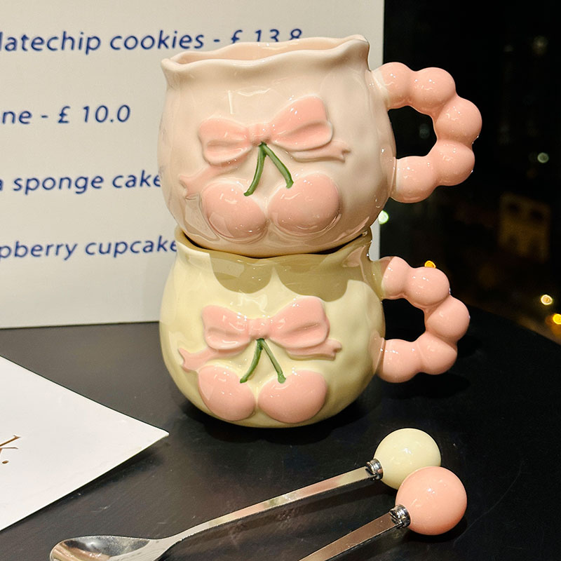 Charming Cherry Ceramic Mug with Underglaze Color, Embossed 3D Design - Unique Water Cup for Birthdays and Special Occasions Charming Cherry Ceramic Mug with Underglaze Color, Embossed 3D Design - Unique Water Cup for Birthdays and Special Occasions