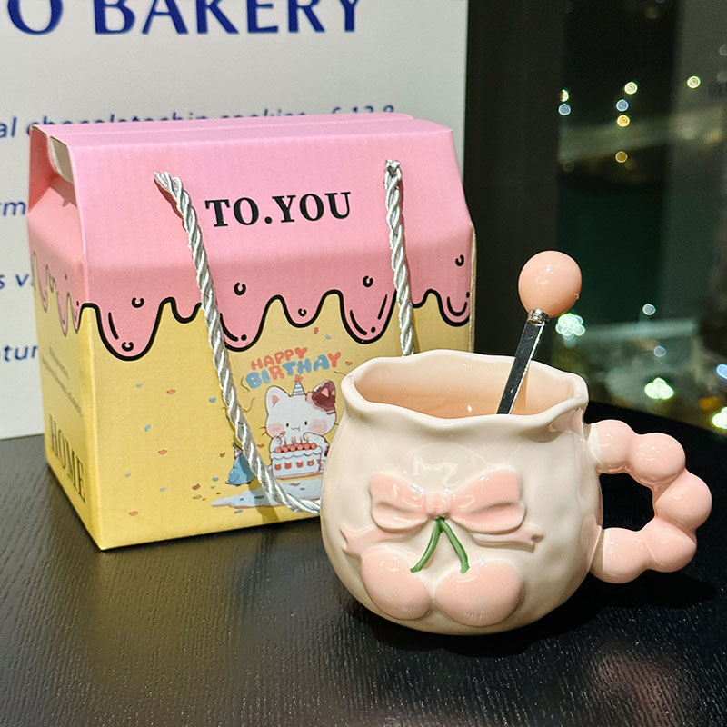 Charming Cherry Ceramic Mug with Underglaze Color, Embossed 3D Design - Unique Water Cup for Birthdays and Special Occasions Charming Cherry Ceramic Mug with Underglaze Color, Embossed 3D Design - Unique Water Cup for Birthdays and Special Occasions