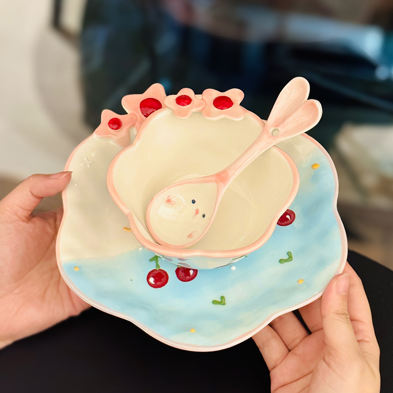 Charming Embossed Flower Dinnerware Set for Girls - Under-glaze Ceramic Yogurt Bowls and Plates, Cute Floral Design