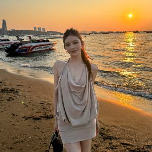 Charming Thai-Inspired Bodycon Dress for Women, Plunging Neckline, Tie Backless Design, Short Length, Trendy Summer Style