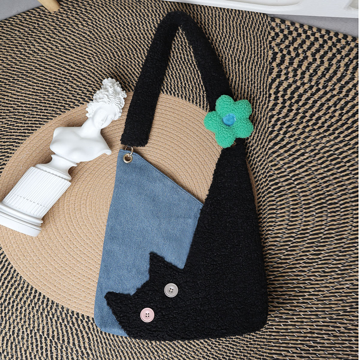 Checkered Denim Cat Plush Large Capacity Shoulder Crossbody Bag - Cute Artistic Style for Unique Fashion Lovers