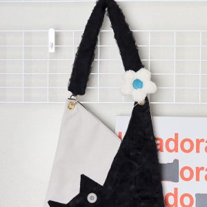 Checkered Denim Cat Plush Large Capacity Shoulder Crossbody Bag - Cute Artistic Style for Unique Fashion Lovers