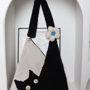 Checkered Denim Cat Plush Large Capacity Shoulder Crossbody Bag - Cute Artistic Style for Unique Fashion Lovers