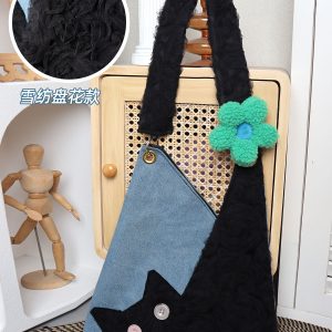 Checkered Denim Cat Plush Large Capacity Shoulder Crossbody Bag - Cute Artistic Style for Unique Fashion Lovers