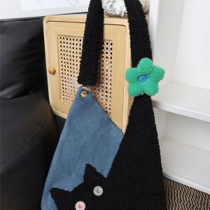 Checkered Denim Cat Plush Large Capacity Shoulder Crossbody Bag - Cute Artistic Style for Unique Fashion Lovers
