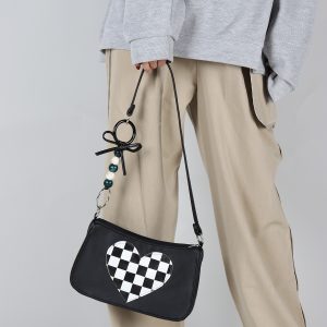 Checkered Heart-Shaped Crossbody Bag for Millennial Girls - Sweet Cool Design, 2023 Spring/Summer Style, High Quality